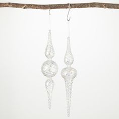 two clear glass ornaments hanging from a tree branch on a white background, one is shaped like a ball and the other is shaped like a cone