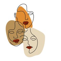 three women's faces in different colors and shapes, one with red lipstick on her lips