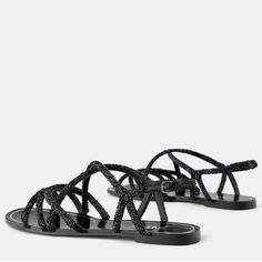 Zara Flat Strappy Beaded Jeweled Sandals Black New Black Flat Sandals. Strappy Slippers With Beaded Detail. Embed With Metallic Details In Contours. Slides With Ankle Covers With Contrast Material Straps. Brand New Without A Box. Beaded Open Toe Sandals For Party, Beaded Open Toe Sandals For Evening, Spring Evening Beaded Sandals, Evening Sandals With Embellished Adjustable Straps, Black Beaded Sandals For Spring, Embellished Adjustable Sandals For Evening, Adjustable Embellished Sandals For Evening, Spring Black Beaded Sandals, Beaded Open Toe Synthetic Sandals