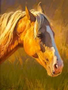 an oil painting of a horse's head in yellow and brown tones with grass behind it