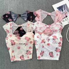 Elegant Floral Sheer Crop Top Collection Spring Mesh Tops With Built-in Bra, Fitted Pink Mesh Top, Feminine Fitted Mesh Top, Feminine Floral Print Stretch Tops, Pink Fitted Mesh Top, Feminine Stretch Floral Print Tops, Spring Stretch Chiffon Top, Summer Mesh Top With Built-in Bra, Summer Floral Print Chiffon Tops