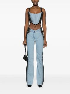 Mugler's daring approach to denim is on full display with this pair of jeans. They're cut to a flared silhouette and defined by a gradient-effect wash which sees the outer sides turn black. Mugler Denim, Mugler Top, Denim Two Piece, Woven Pattern, Waist Jeans, Sleeveless Vest, Flared Jeans, Lady Dior, Dolce & Gabbana