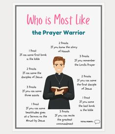 a poster with the words who is most like the prayer warrior on it, and an image of a man holding a book