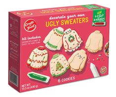 Going to an ugly sweater party? Bring along this great gift! Have fun decorating your own ugly sweater-shaped cookies with the assorted candies and easy-to-use icing included in this set. Diy Gingerbread Cookies, Ugly Christmas Sweater Cookies, Ugly Sweater Cookie, Cookie Kits, Snowflake Swirl, Cookie Contest, Best Ugly Christmas Sweater, Gingerbread House Kits, Ugly Holiday Sweater