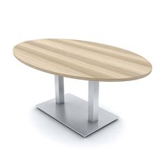 a round wooden table sitting on top of a metal base in front of a white background