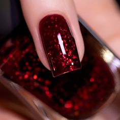 ILNP Bitten - Deep Blood Red Jelly Shimmer Nail Polish Red Nails Sparkle Glitter, Dark Red Glitter Nails, Red And Gold Glitter Nails, Red Sparkle Nails, Red Glitter Nail Polish, Red Sparkly Nails, Ilnp Nail Polish, Boutique Nails, Red Nails Glitter