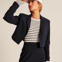 Nwt Abercrombie And Fitch Cropped Blazer In Navy! Cropped, Boxy Fit As Seen On The Model. Classic Fitted Blazer For Layering, Chic Tailored Navy Outerwear, Tailored Navy Outerwear For Spring, Chic Navy Tailored Outerwear, Navy Fitted Casual Blazer, Chic Fitted Navy Blazer, Classic Fitted Cropped Jacket For Fall, Fitted Cropped Jacket With Long Sleeves For Work, Fitted Cropped Jacket For Work