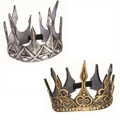 These antique look lightweight gold or silver (each sold separately) foam crowns are an easy way to make your next Halloween costume look even more royal this year! Great for kings, queens, and other members of the royalty for cosplay, theatrical productions, theme parties and more. Elastic strap in back for ease in wearing on all size heads. Each sold individually. Other royal costumes and accessories are sold separately on our page – subject to availability. Gold Crown Costume Hat, Gold Crown Costume Hat For Halloween, Tall Crown For Halloween Costume Party, Gold Costume Hats With Round Crown, Gold Costume Crown With Structured Shape, Gold Tall Crown For Costume Party, Gold Structured Crown For Costume, Fantasy Structured Crown For Costume, Fantasy Crown For Costume