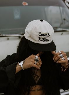 The unisex unstructured vintage style cap features the "Cereal Killer" pun written in chainstitch. The hat is made of brushed cotton twill and includes an adjustable plastic snapback closure. Hip Hop Cotton Hat With Curved Brim, Trendy Cotton Trucker Hat With Flat Brim, Trendy Cotton Snapback Hat, Vintage White Cotton Dad Hat, Hip Hop Cotton Hat With Flat Brim, Retro Adjustable Cotton Fitted Hat, Adjustable Retro Cotton Fitted Hat, Hip Hop Cotton Cap, Cotton Snapback Hat For Baseball Season With Flat Brim