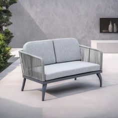 a gray couch sitting on top of a white floor next to a green plant in a room