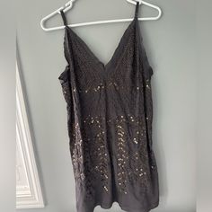 Free People Dress Size 2 Charcoal Grey With Bronze Detailing Sleeveless Sequin Vacation Dresses, Sequin Sleeveless Vacation Dress, Sleeveless Sequin Dress For Vacation, Chic Sequined Beach Dress, Chic Sequined Dress For The Beach, Beach Dress With Sequins And Spaghetti Straps, V-neck Sequin Beach Dress, Beach V-neck Sequin Dress, Sequin V-neck Beach Dress