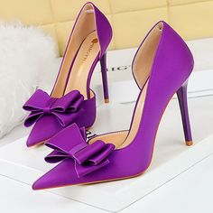 Eco Bowknot Silks Satins Lady Heels Purple Pumps, Wedding Purple, Butterfly Knot, Bow Pumps, Office Shoes, Super High Heels, Pink Solid, Wedding Heels, Women's Heels