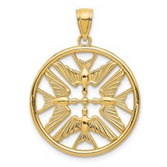 14k Yellow Gold Open Back Polished Finish Solid Doves in Circle Design Charm Pendant Engraved Cross, Circle Pendant Necklace, Braided Leather Bracelet, Rose Jewelry, Gold Polish, Circle Design, Circle Pendant, Fine Jewellery Necklace, Selling Jewelry