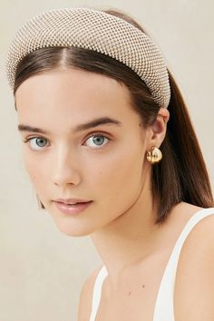 Loeffler Randall Bellamy Oversized Headband. Statement puffy headband in gold diamanté. This headband is sure to make an outfit pop, great for a wedding accessory as well. W: 2.25" x L: 17". 100% Polyester Fabric with Glass Rhinestones. Luxury Evening Headband For Spring, Make An Outfit, Melissa Joy Manning, Padded Headband, Wedding Accessory, Gold Headband, Four Horsemen, Emerald Color, Woven Bracelets