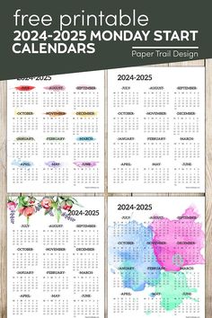 three calendars with watercolor paint on them and the text free printable for 2021 -