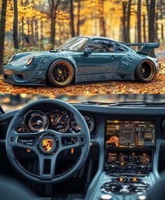 the inside and outside view of a sports car in the woods with autumn leaves on the ground