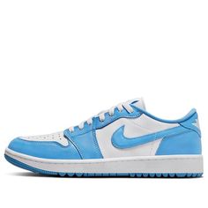 The Air Jordan 1 Low Golf 'UNC' is a classic sneaker inspired by the iconic Jordan 1 silhouette. Featuring a white upper with blue accents, a rubber sole for traction, and an Air cushioning system, this sneaker is perfect for the golf course. The Jumpman GOLF logo on the insole adds a classic touch, while the low-cut design gives a nod to the original Air Jordan 1. Whether you're competing in a tournament or just practicing your swing, the Air Jordan 1 Low Golf 'UNC' will provide comfort and style. (AJ1/SNKR/Casual/Unisex/Low Top/Non-Slip/Shock-absorbing) Low-top Jordan Shoes For Light Sports With White Sole, Low-top Jordan Shoes With White Sole For Light Sports, Blue Custom Sneakers With Contrast Sole For Light Sports, Low-top Jordan Shoes With Rubber Waffle Outsoles For Sports, Low-top Jordan Shoes With Rubber Waffle Outsoles For Streetwear, White Golf Shoes With Boost Midsole For Casual Wear, Casual Low-top Jordan Shoes With Rubber Waffle Outsoles, Low-top Golf Shoes With White Sole For Streetwear, White Sole Low-top Golf Shoes For Streetwear