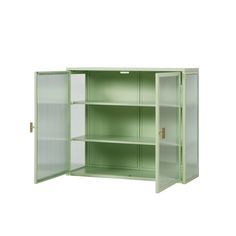 a green metal cabinet with two doors and shelves on both sides, open to reveal the contents