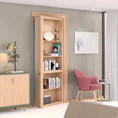 a living room filled with furniture and a book shelf