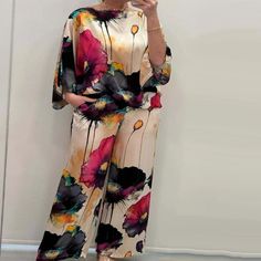 Boho Watercolor Floral Print Relaxed Fit Batwing Top And Wide Leg Pants Set Wide Leg Elastic Waist Pants With Side Pockets Batwing Top Unlined Soft And Stretchy - 95% Polyester, 5% Spandex Material Styles For Ladies, Material Styles, Satin Two Piece Set, Celana Fashion, Satin Suit, Satin Bluse, Jeans Overall, Traje Casual, Maxi Robes