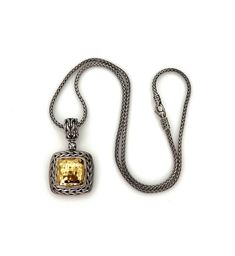 "John Hardy Necklace in Sterling Silver and 22K Yellow Gold  From the Palu collection  Wheat chain measures 18\" long or 46 cm Pendant is square shape with 22K gold hammered cushion design Pendant measures approximately 1-1/2\" tall (with bail) X 7/8\" wide or 40 mm X 23 mm  Bail opening: 6 mm Fastens with a lobster clasp in good working condition Stamped: \"925\", \"22K\" and John Hardy hallmark This necklace is in very good vintage condition. No flaws to note. Total weight: 25.2 grams 0423-559 John Hardy Jewelry Necklace Box Chain, John Hardy Necklace, Claw Necklace, Ruby Lane, Heart Button, John Hardy, Square Pendant, Amethyst Pendant, Cushion Design