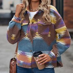 Cotton-blend Long Sleeve Fleece Coat Multicolor Tops For Outdoor Fall Season, Multicolor Winter Tops For Outdoor, Casual Multicolor Fleece Jacket For Winter, Casual Multicolor Long Sleeve Fleece Jacket, Multicolor Long Sleeve Fleece Jacket With Pockets, Long Sleeve Outerwear, Fleece Coat, Western Outfits, Outerwear Women