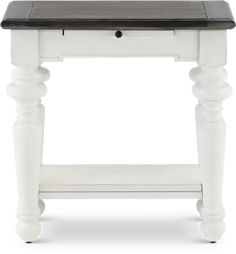 a white and black table with drawers on the bottom, one drawer is open to reveal a