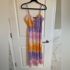 Midi Tie Dye Printed Dress With Cutout Detail At Chest, Zipper Closure On Side And Adjustable Straps Purple Summer Sundress For Parties, Casual Purple Maxi Dress For Party, Casual Purple V-neck Sundress, Purple Maxi Length Sundress For Vacation, Purple Maxi Dress For Day Out, Purple Maxi-length Summer Sundress, Purple Maxi Sundress For Summer, Purple Maxi Length Summer Sundress, Summer Purple Maxi Sundress