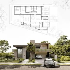 an architectural drawing of a house with two cars parked in front of it and the floor plan