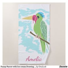 a towel with an image of a green parrot on it's back and name