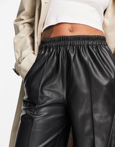 ASOS DESIGN faux leather oversized wide leg pants in black | ASOS Wide Leg Leather Pants With Pockets For Night Out, Trendy Black Wide-leg Leather Pants, Spring Wide-leg Leather Pants With Pockets, Casual Wide Leg Leather Pants With Belt Loops, Fashion-forward High Waist Black Bottoms, White Wide Leg Trousers, Secret Sale, Leather Trousers, Wide Leg Trousers