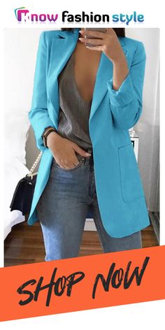 Baby Blue Casual Long Sleeves Suit Jacket Blue Outerwear For Fall, Blue Solid Color Blazer For Spring, Blue Solid Color Outerwear For Fall, Blue Solid Color Fall Outerwear, Chic Blue Outerwear, Casual Solid Color Blazer For Spring, Casual Solid Color Outerwear For Office, Blue Office Blazer With Pockets, Fitted Casual Blazer In Solid Color