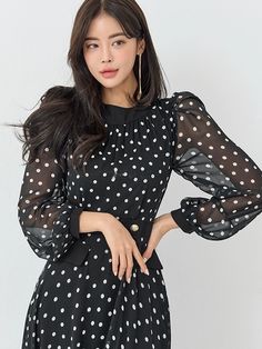 Introducing the DOTTED ALLU High Quality Chiffon Sleeve Long Dress! This dress is made from top-notch South Korean fabrics, making it the perfect choice for a fashion-forward wardrobe. The single polka color with puff see through shoulder gives your outfit an edge that catches the eye of all who pass. A chiffon layer wraps around your figure with easy side pockets giving you practicality and convenience combined with undeniable style. With this dress, you can look fabulous for any occasion - whe Polka Dot Chiffon Long Sleeve Dress, Polka Dot Long Sleeve Chiffon Dress, Long Sleeve Chiffon Dress With Polka Dots, Chic Chiffon Office Dress, Fitted Chiffon Dress For Workwear, Chic Long Sleeve Chiffon Dress For Work, Sleeve Long Dress, Easy Sides, South Korean