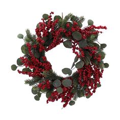 a christmas wreath with red berries and green leaves