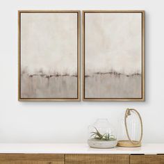 two paintings hanging on the wall next to a vase with an air plant in it