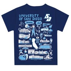 Let your kiddo look cool in his new Vive La Fete Impressions hand sketched artwork boys tee shirt. Let him play, go to the game, and cheer loudly and proudly with his University of San Diego Toreros gear by Vive La Fete.Celebrate and cheer on game day with our classic design University of San Diego Toreros Short Overstitched Crew Neck Sleeve Top. Officially Licensed product sold by Vive La Fete.This awesome graphics, fun and game day crew neck t-shirt features officially licensed University of S Blue School Tops With Character Print, Blue Character Print School Tops, Blue Character Print Tops For School, Blue Graphic Print Shirt For School, Blue Character Print Shirt For Streetwear, Casual Blue T-shirt With Custom Artwork, Blue Cotton Tops With Custom Artwork, University Of San Diego, Design University