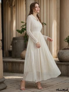 Olivia Mark - Chic Leisure Wear Lace-Trimmed Off-the-Shoulder Dress Spring Cream Long Sleeve Lace Dress, Long Sleeve Evening Gowns, Types Of Skirts, Lapel Collar, Quarter Sleeve, Leisure Wear, A Line Skirt, Types Of Collars, Sleeve Type