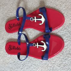 Red White And Navy Blue Rubber Anchor Sandals Never Worn Size 8 Casual Red Jelly Sandals For Beach, Red Round Toe Jelly Sandals For Vacation, Casual Red Jelly Sandals With Round Toe, Red Round Toe Jelly Sandals Casual, Red Jelly Sandals For Summer Beach, Red Round Toe Jelly Sandals For Beach, Red Flat Jelly Sandals For Beach, Trendy Red Jelly Sandals For Beach, Red Ankle Strap Sandals For Beach