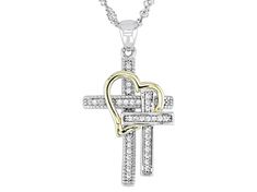 Bella Luce® white diamond simulant 0.34ctw round, rhodium and Eterno™ 18k yellow gold over sterling silver cross pendant. Includes a 18" L x 0.03" W singapore chain that has a 2" extender and lobster claw clasp closure. Pendant measures approximately 1.15" L x 0.63" W and has a 2.8mm bail. The diamond equivalent weight is 0.20ctw. Anniversary Fine Jewelry Cross Pendant, Mother's Day White Jewelry With Diamond Accents, Fine Jewelry Cross Pendant For Anniversary, Sterling Silver Cross Pendant Jewelry For Valentine's Day, Anniversary Jewelry With Diamond Accents On Cross Pendant, Diamond Accented Cross Pendant For Anniversary, Diamond Accented Cross Pendant Jewelry For Anniversary, Mother's Day White Gold Cross Pendant Jewelry, Sterling Silver Cross Pendant With Pave Setting