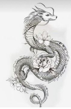 a drawing of a dragon with flowers on it's tail and head in the shape of a flower