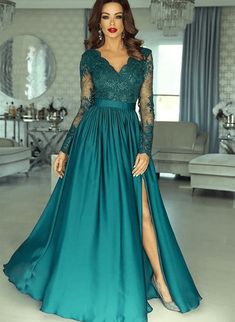 A-line Green Long Sleeves Satin with Lace Party Dress, Green Long Prom - dreamydressprom Dark Green Prom Dress, Formal Evening Dresses Long, Green Evening Dress, Satin Evening Dresses, Long Sleeve Prom, Long Sleeve Evening Dresses, فستان سهرة, Green Prom Dress, Lace Evening Dresses