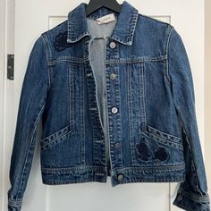 Super Cute Denim Appliqu Jacket. No Size Tag But It’s An Xs. Never Worn, Perfect Condition. Fitted Coach Outerwear With Pockets, Spring Coach Outerwear With Pockets, Coach Spring Outerwear With Pockets, Coach Casual Spring Outerwear, Jacket Runway, Denim Applique, Applique Jacket, Coach Jackets, Coach 1941