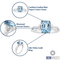 This gorgeous 10k white gold London blue topaz ring showcases diamond accents for a piece that's sure to quickly become a favorite piece in anyone's jewelry collection.Click on this JEWELRY & WATCHES GUIDE to learn about fit, styles, materials and more! Width: 9 mm Metal: 10k white gold Plating: rhodium Finish: polished Packaging: boxedSTONE DETAILS Stone type: London blue topaz Total weight: 3 ct. Center stone size: 9 mm x 7 mm Shape: cushion cut Setting: prongDIAMOND DETAILS Diamond total weig White Gold Topaz Ring With Diamond And Gemstone Accents, White Gold Topaz And Diamond Ring, Fine Jewelry Topaz Ring With Diamond Accents, White Gold Topaz Ring With Gemstone Accents For Anniversary, White Gold Topaz Ring With Gemstone Accents, Modern Topaz Ring With Diamond Accents, Modern Topaz Ring With Gemstone Accents For Anniversary, Fine Jewelry Topaz Ring In 14k White Gold, Diamond White Topaz Ring With Diamond Accents