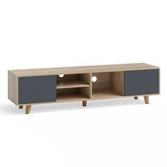 an entertainment unit with two doors and shelves on one side, in grey and oak