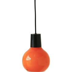 an orange light bulb with a black cord hanging from it's end, on a white background