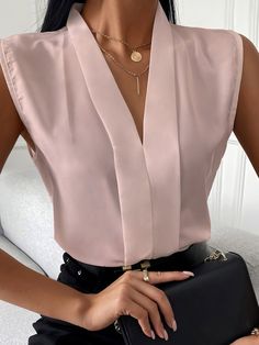 Elegant V-neck Solid Color Vest, Elegant V-neck Vest In Solid Color, Solid Color V-neck Vest Top, Chic V-neck Blouse, Spring Office V-neck Tank Top, V-neck Tank Top For Office In Summer, Casual V-neck Vest For Office, Casual Sleeveless Blouse For Office, Casual Sleeveless Office Blouse