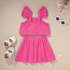 Cute Fitted Solid Color Sets, Cute Fitted Sets, Cute Solid Color Summer Sets, Cute Solid Color Sleeveless Sets, Cute Sleeveless Solid Color Sets, Pink Solid Color Spring Sets, Pink Solid Color Summer Sets, Sleeveless School Sets For Spring, Cute Solid Color Summer Skirt