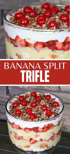 Collage of trifle dish full of banana split trifle at top and bottom. Banana Split Trifle, Banana Split Dessert Recipes, Banana Cream Pudding, Mini Dessert Recipes, Banana Split Dessert, Creamy Pudding, Work Christmas Party, Snack Options, Best Food Ever