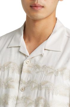 Elegant palm-frond embroidery against the white silk background of this easy-fitting camp shirt is the perfect answer to an "island formal" situation. Convertible collar Short sleeves 100% silk Dry clean or machine wash, line dry Imported White Silk Background, Silk Background, Convertible Collar, Camp Shirt, White Silk, Camping Shirt, Embroidered Silk, Tommy Bahama, The White