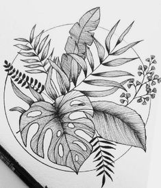 a black and white drawing of some leaves on a piece of paper with a pen